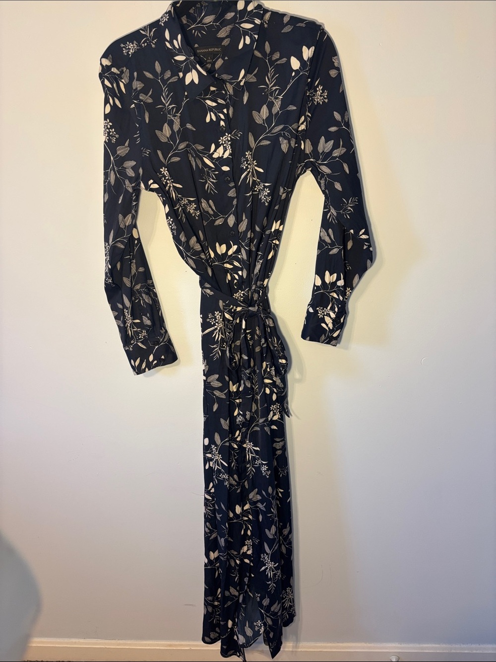 Banana Republic Navy Botanical Tie-Waist Maxi Dress